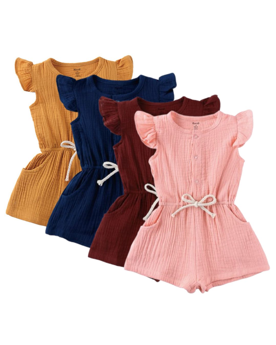Girls Cotton Flutter Sleeve Romper with Button Front and Drawstring Waist, Textured Fabric