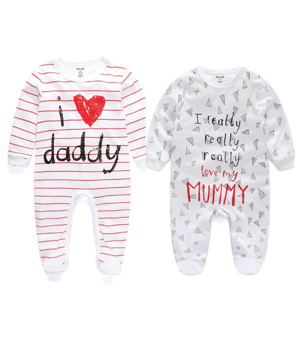 Baby Footed Romper Sleepsuit, 100% Cotton, Long Sleeve, I Love Daddy and I Love Mummy Print, Unisex, 2 Pack