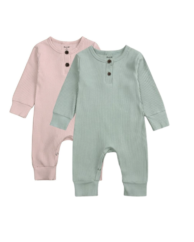 Olivia-Cale Baby Long-Sleeve Ribbed Romper, 100% Cotton, Button-Front with Snap Closures, Pink and Mint