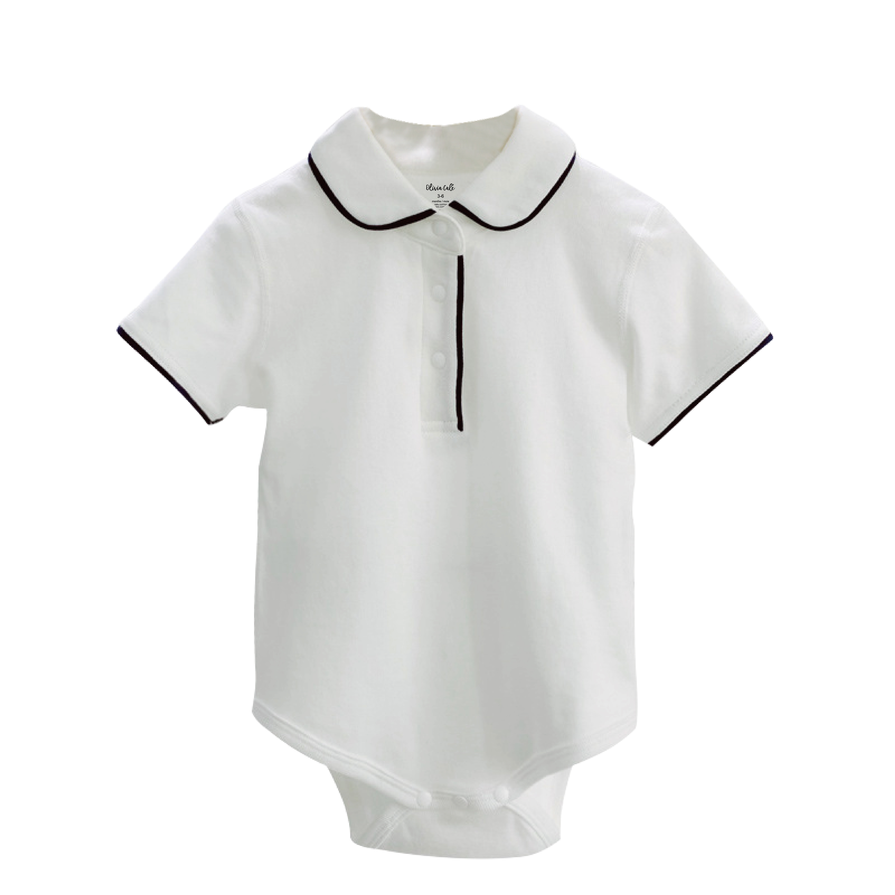 White Polo Bodysuit with Black Contrast Piping, Peter Pan Collar, Short Sleeve, Premium Cotton, Snap Closure - Set of 2