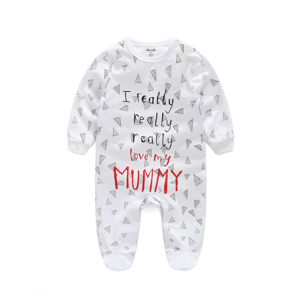 Baby Footed Romper Sleepsuit, 100% Cotton, Long Sleeve, I Love Daddy and I Love Mummy Print, Unisex, 2 Pack