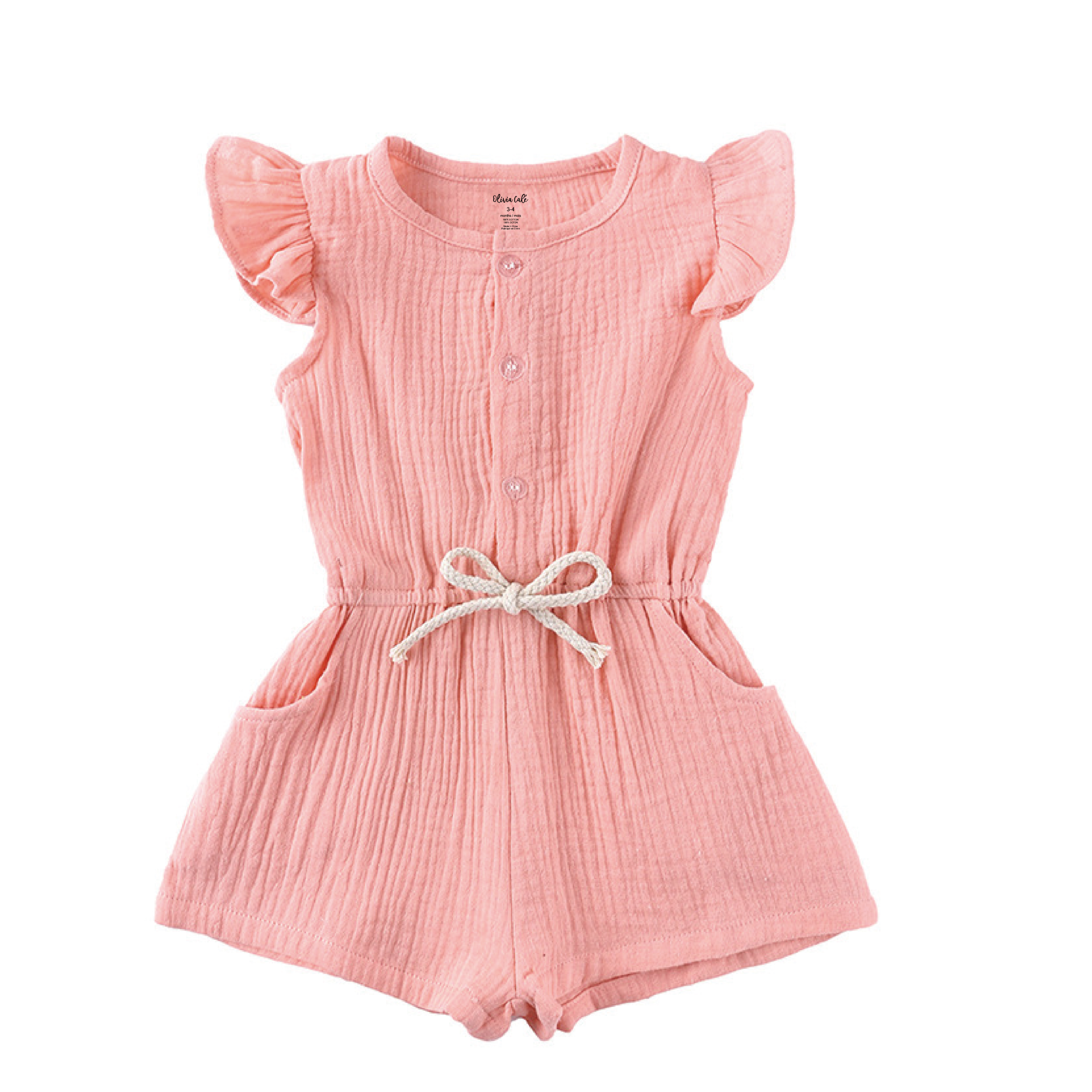 Girls Cotton Flutter Sleeve Romper with Button Front and Drawstring Waist, Textured Fabric