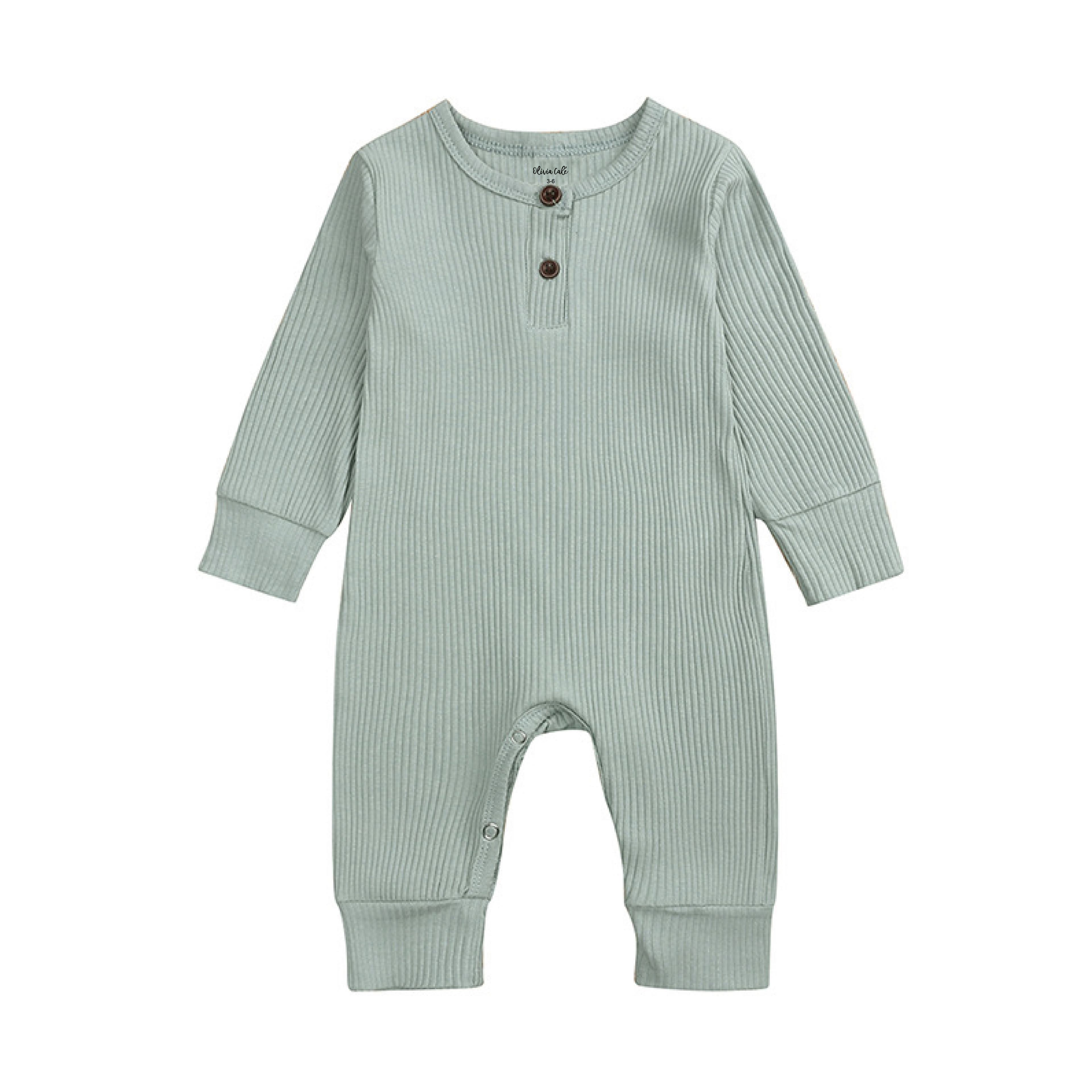 Olivia-Cale Baby Long-Sleeve Ribbed Romper, 100% Cotton, Button-Front with Snap Closures, Pink and Mint